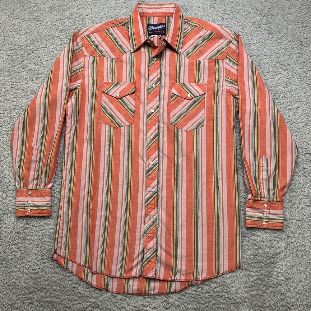 Wrangler Pearl Snap Shirt Mens L 16 -36 Orange X Long Tails Long Sleeve